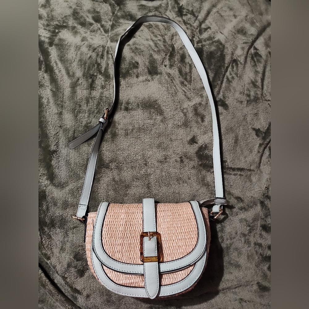 Izzy & Ali Small Natural Rattan and Light Blue Crossbody Bag